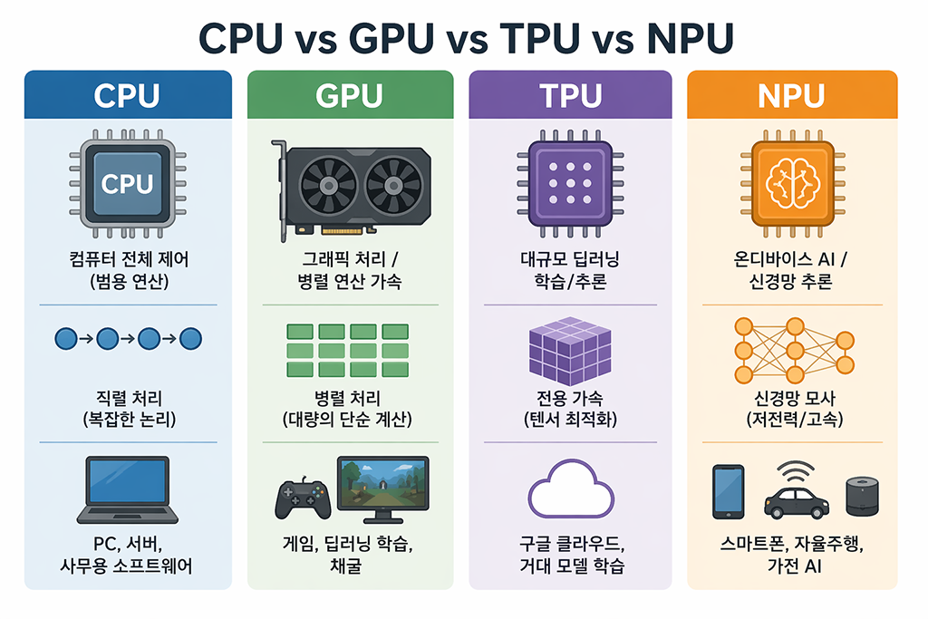 CPU vs GPU vs TPU vs NPU: 한눈에 보는 요약