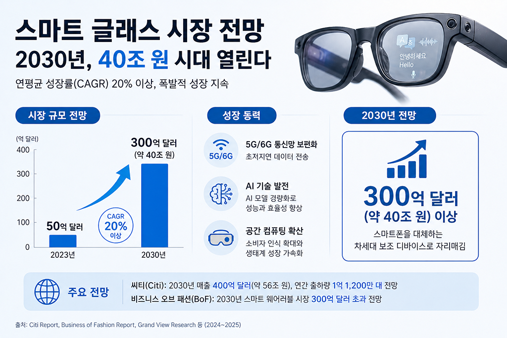 스마트 글래스 시장은 2030년 기준 약 300억~500억 달러 규모로 성장할 가능성이 높다고 예상