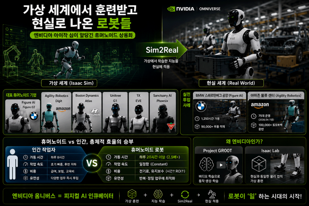 가상에서 현실로 나온 휴머노이르 로봇  인간과 효율 비교
